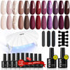 Picture of MEFA 19 Pcs Gel Nail Polish Kit with U V Light, 12 Colors Fall Gel Nail Polish Set Burgundy Red Champagne Gold Glitter Gel Soak Off Purple Manicure Tools Beginners Salon Art Nails Art DIY for Women