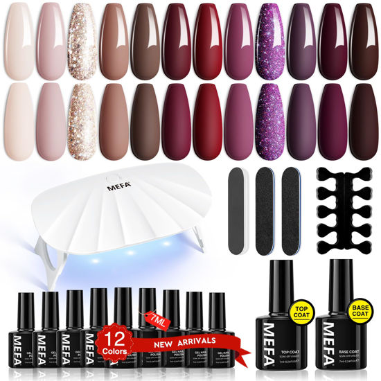 Picture of MEFA 19 Pcs Gel Nail Polish Kit with U V Light, 12 Colors Fall Gel Nail Polish Set Burgundy Red Champagne Gold Glitter Gel Soak Off Purple Manicure Tools Beginners Salon Art Nails Art DIY for Women