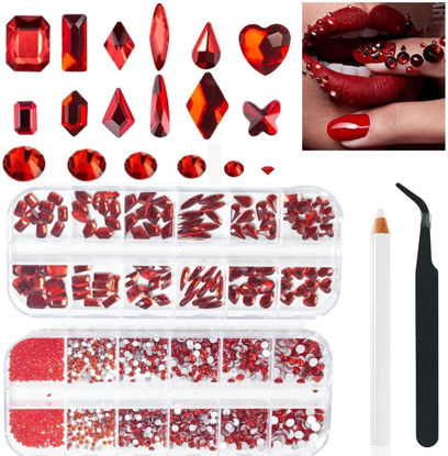 Picture of 2680 Pcs 3D Red Nail Rhinestones, 120Pcs Big Red Glass Crystal Nail Gems Stones Charms Stones with Bling Diamond Flatback Round Beads, Clear Charm Jewelry for DIY Face Craft Decoration