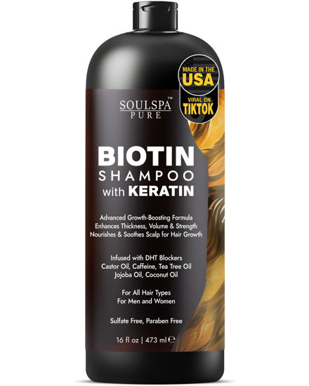 Picture of SOULSPA PURE Biotin Shampoo with Keratin - Advanced Anti-Thinning, Hair Growth & Repair Formula - Soothes Scalp, with Tea Tree Oil & DHT Blockers - Strong, Healthy Hair for Men & Women - 16 fl oz