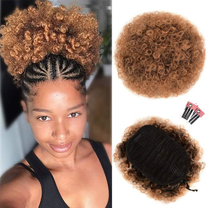 Picture of rosmile Afro Puff Drawstring Ponytail Extension for Black Women, Premium Ombre Brown T1B/30# 80gram Short Synthetic Afro Puff Ponytail for Natural Hair, Clip On Kinky Drawstring Curly Ponytail Bun