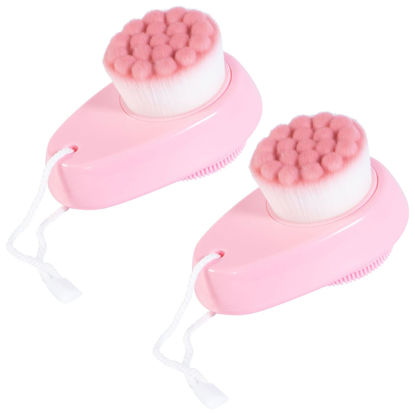 Picture of Beomeen Facial Cleansing Brush 2 in 1 for Face Exfoliation, 2 Pack Soft Microfiber Bristle Brush for Pore Deep Cleansing, Dual Face Silicone Scrubber Brush for Skincare with Lid, Pink
