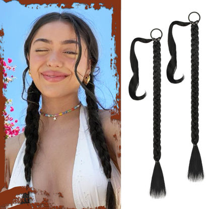 Picture of Sofeiyan Long Braid Ponytail Extension with Hair Tie Straight Sleek Wrap Around Hair Extensions Braid Pony Tail Fluffy Natural Soft Synthetic Hairpieces for Women Daily Wear, 2Pcs 26 inch-Black