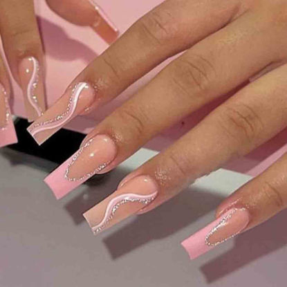 Picture of Foccna Pink Press on Nails Long Swirls French Fake Nails Square Bling Glossy False Nail Tips Artificial Nails Finger Manicure for Women and Girls-24pcs