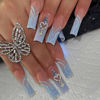 Picture of Foccna French Press on Nails Long Blue Fake Nails Square Bling Glossy Rhinestone False Nail Tips Artificial Nails Finger Manicure for Women and Girls-24pcs