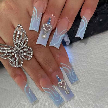 Picture of Foccna French Press on Nails Long Blue Fake Nails Square Bling Glossy Rhinestone False Nail Tips Artificial Nails Finger Manicure for Women and Girls-24pcs