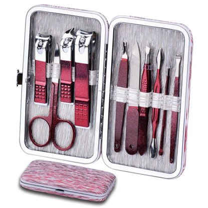Picture of HANTEKAS Manicure Set 10 in 1 Stainless Steel, Nail Clippers Scissors Pedicure Tools Kit - Portable Travel Grooming Kit for Men and Women with Leather Case (Rose Red)