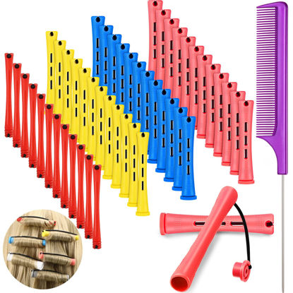 Picture of 48 Pieces Hair Perm Rods Short Cold Wave Rods Plastic Perming Rods Hair Curling Rollers Curlers with Steel Pintail Comb Rat Tail Comb for Hairdressing Styling Supplies (Multicolored, Assorted Sizes)