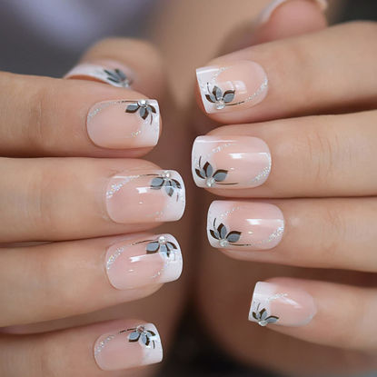 Picture of 24 Pcs Acrylic Press on Nails Short, Flower and French Fake Nails, Cute False Nails with Nail Glue on Nails for Women (French with Flower)