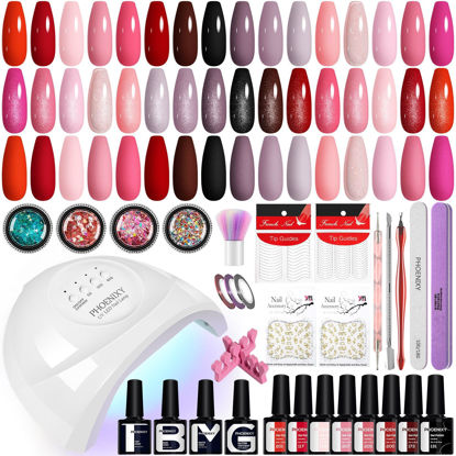 Picture of PHOENIXY Gel Nail Polish Kit with U V Light, 40 Pcs Pink Red Black Gel Nail Polish Set with 48W Nail Lamp Gel Nail Kit Gifts for Women