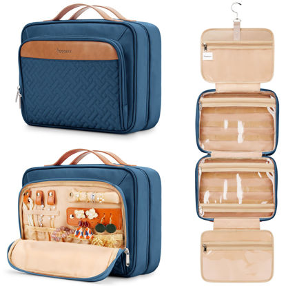 Picture of Travel Hanging Toiletry Bag for Women, with Jewelry Organizer Compartment, Medium Waterproof Hanging Makeup Accessories, Cosmetic Essentials, Toiletries Dopp Kit Set with Trolley Belt, Navy Blue