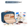Picture of Travel Hanging Toiletry Bag for Women, with Jewelry Organizer Compartment, Medium Waterproof Hanging Makeup Accessories, Cosmetic Essentials, Toiletries Dopp Kit Set with Trolley Belt, Navy Blue