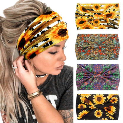Picture of Huachi 4 Packs Boho Headbands for Women Wide Sunflower Thick Head Bands for Women's Hair Flower Printed Elastic Hairbands Large African Sport Yoga Turban Headband Hair Accessories (Pack of 4)