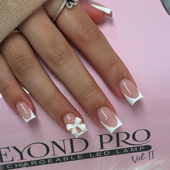 Picture of 24Pcs Pink Press on Nails Short Square Fake Nails White French Tip Press ons Full Cover Glue on Nails Solid Color Glossy Nude Pink Designs Cute False Nails Stick on Nails for Women Daily Wear