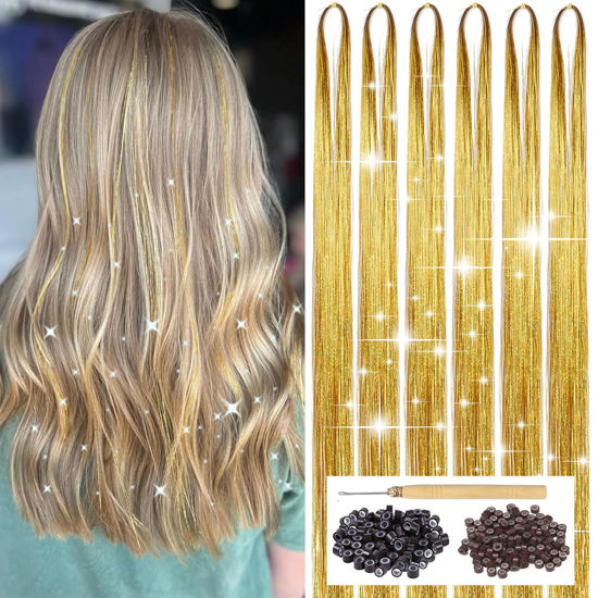 Picture of Gold Hair Tinsel Kit with Tool 6pcs 1200 Strands Glitter Tinsel Hair Extensions Heat Resistant Sparkling Shiny Fairy Hair Accessories for Women Girls Kids 47Inch