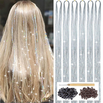 Picture of Silver Hair Tinsel Kit with Tool 6pcs 1200 Strands Glitter Tinsel Hair Extensions Heat Resistant Sparkling Shiny Fairy Hair Accessories for Women Girls Kids 47Inch