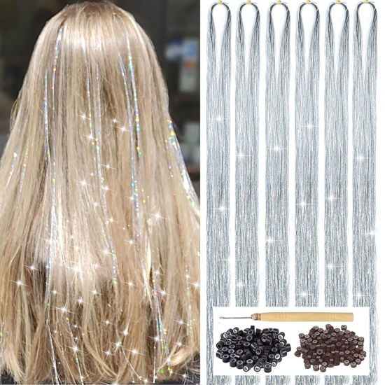 Picture of Silver Hair Tinsel Kit with Tool 6pcs 1200 Strands Glitter Tinsel Hair Extensions Heat Resistant Sparkling Shiny Fairy Hair Accessories for Women Girls Kids 47Inch