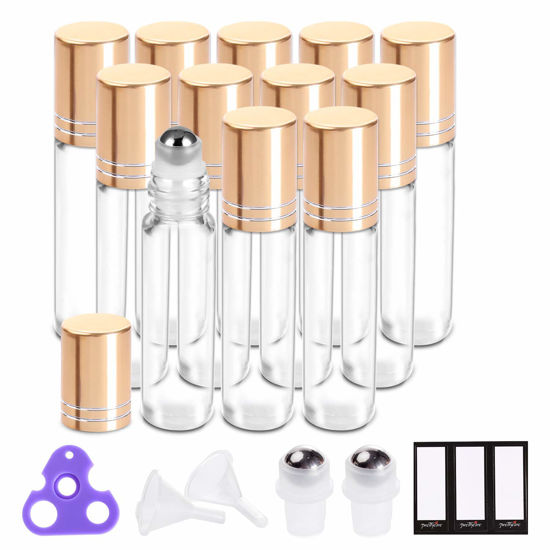 Picture of PrettyCare Essential Oil Roller Bottles 10ml (Clear Glass Bottle with Gold Cap, 12 Pack, 2 Extra Stainless Steel Balls, 24 Labels, Opener, Funnels for Oils, Roller on Bottles