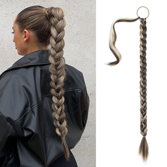 Picture of SEIKEA Long DIY Braided Ponytail Extension with Hair Tie Straight Wrap Around Hair Extensions Ponytail Natural Soft Synthetic Hairpiece Ash Brown with Sandy Blonde 30 Inch (After Braided 27 Inch)