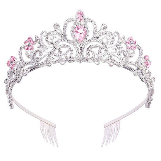 Picture of COCIDE Silver Tiara Crowns Crystal Headband Princess Rhinestone Crown with Combs Bride Headbands Bridal Wedding Prom Birthday Party Pink Hair Accessories Jewelry for Women and Girls