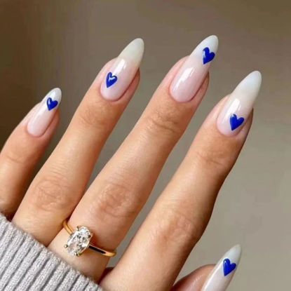 Picture of Blue Heart Press on Nails Medium Almond Fake Nails with Design Valentines Glue on Nails White Stick on Nails Glossy Reusable Heart False Nails for Women Girls Daily Wear Manicure 24pcs