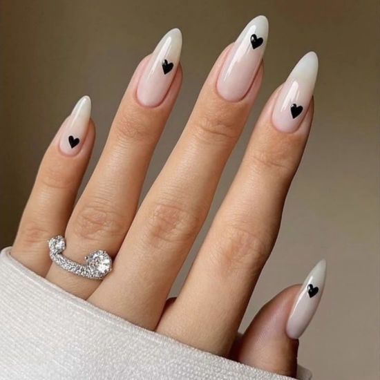 Picture of Black Heart Press on Nails Medium Almond Fake Nails with Design Valentines Glue on Nails White Stick on Nails Glossy Reusable Heart False Nails for Women Girls Daily Wear Manicure 24pcs