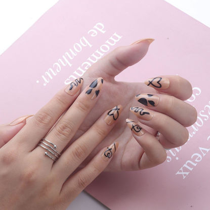 Picture of Black Heart Press on Nails Medium Almond Fake Nails with Designs Snake Glue on Nails Glossy Reusable Valentines False Nails for Women Girls Manicure 24pcs