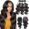 Picture of QTHAIR 14A Brazilian Body Wave 3 Bundles with Closure(20" 22" 24"+18") 100% Unprocessed Brazilian Virgin Body Wave Human Hair Weave with 4x4 Swiss Lace Closure(130% Density)