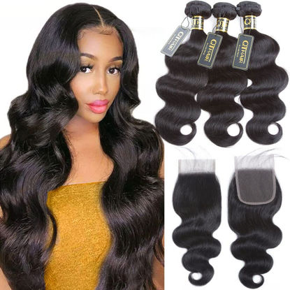 Picture of QTHAIR 14A Brazilian Body Wave 3 Bundles with Closure(20" 22" 24"+18") 100% Unprocessed Brazilian Virgin Body Wave Human Hair Weave with 4x4 Swiss Lace Closure(130% Density)