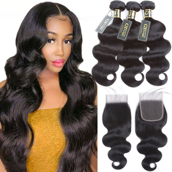 Picture of QTHAIR 14A Brazilian Body Wave 3 Bundles with Closure(20" 22" 24"+18") 100% Unprocessed Brazilian Virgin Body Wave Human Hair Weave with 4x4 Swiss Lace Closure(130% Density)