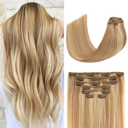 Picture of Strawberry Blonde to Bleach Blonde Clip in Hair Extensions Real Human Hair 12 Inch Human Hair Extensions Straight Hair Extensions Real Human Hair Clip ins 70g 7pcs #12p613
