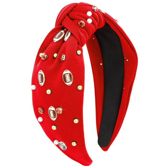 Picture of YARIEW Knotted Jeweled Top Knot Headband for Women, Sports Fan Mom Christmas Gifts (Red)