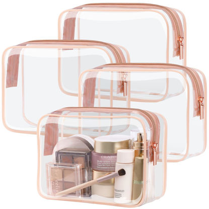 Picture of PACKISM Clear Makeup Bag - 4 Pack TSA Approved Toiletry Bag Waterproof Quart Size Travel Bag, Clear Cosmetic Bag for Women, Clear Cosmetic Bags Carry on Airport Airline Compliant Bag, Rose Pink