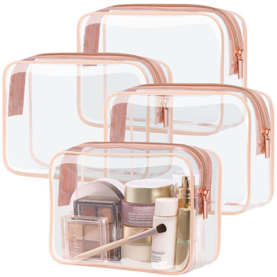 Picture of PACKISM Clear Makeup Bag - 4 Pack TSA Approved Toiletry Bag Waterproof Quart Size Travel Bag, Clear Cosmetic Bag for Women, Clear Cosmetic Bags Carry on Airport Airline Compliant Bag, Rose Pink