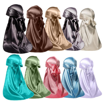 Picture of ForceWave 10 Pieces Silky Durags Long Tail for Women Men Satin Durag 360 Wave，Dorag, 10 Pieces