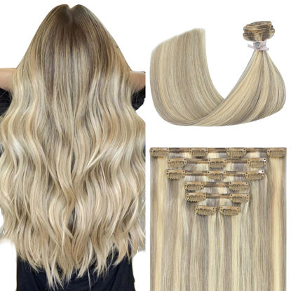 Picture of Aison Blonde Clip in Hair Extensions Real Human Hair 18 Inch Ash Blonde Mixed Bleach Blonde Hair Extensions Clip in Hair Extensions Real Human Hair Double Weft 70g 7pcs #18p613