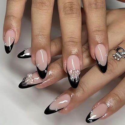 Picture of LPOODDNU French Black Press on Nails Medium, Almond Shape Fake Nails with Bow Charms Designs Cute Acrylic False Nails Press ons Reusable Stick Artificial Nails for Women and Girls-24pcs