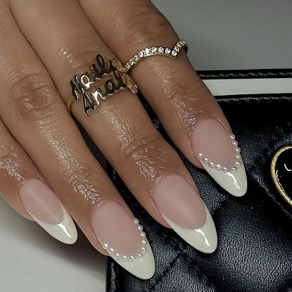 Picture of LPOODDNU White French Tip Press on Nails Almond Shape Fake Nails White Pearl Medium False Nails Acrylic Artificial Nails Simple Glue on Nails Finger Decorations for Women 24Pcs