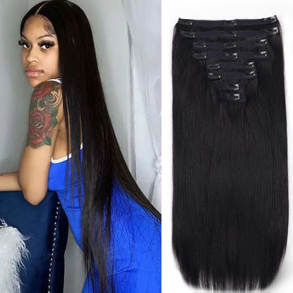 Picture of Pobokix Clip in Hair Extensions Real Human Hair Straight Brazilian Human Hair Clip in Extensions 8Pcs Seamless Clip ins for Black Women Lace Weft 18Clips 120g (32inch, Natural Black)