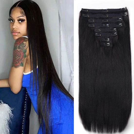 Picture of Pobokix Clip in Hair Extensions Real Human Hair Straight Brazilian Human Hair Clip in Extensions 8Pcs Seamless Clip ins for Black Women Lace Weft 18Clips 120g (32inch, Natural Black)