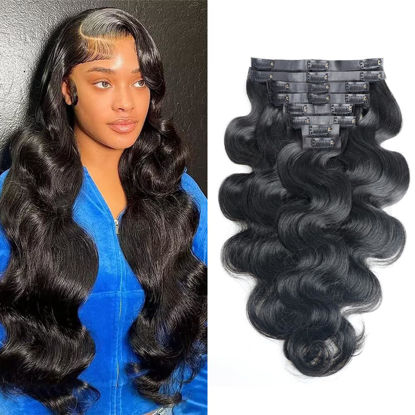 Picture of Pobokix Seamless Clip in Hair Extensions Human Hair Body Wave Human Hair Clip in Extensions 8Pcs PU Clip ins Remy Hair for Women Invisible Skin Weft 18Clips 120g 28inch Natural Black