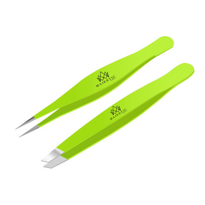Picture of Majestic Bombay Fine Point + Slant Tweezers for Women and Men - Splinter Ticks, Facial, Brow and Ingrown Hair Removal-Sharp, Needle Nose, Surgical Tweezers Precision best tweezers for chin hair