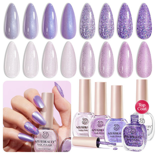 Picture of AZUREBEAUTY Nail Polish Set Quick Dry Glitter Purple Spring Summer Vegan 4 Colors Lilac Purple Nail Polish Natural Nail Lacquer Fingernail Strengthening Kit with Top Coat DIY Salon Home