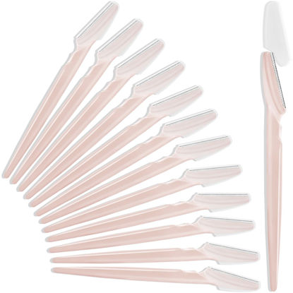 Picture of 12 Pcs Eyebrow Razors, Face Razors Multipurpose, Exfoliating Dermaplaning Tools, Eyebrow Trimmers Shaver with Safety Cover, Facial Hair Removal for Women Men Body Use (Light Pink)