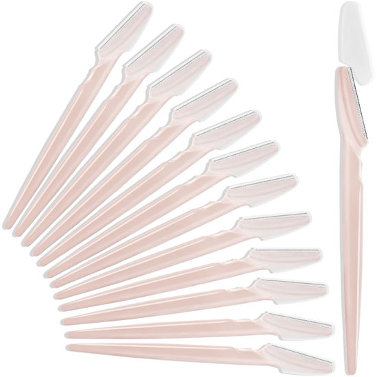 Picture of 12 Pcs Eyebrow Razors, Face Razors Multipurpose, Exfoliating Dermaplaning Tools, Eyebrow Trimmers Shaver with Safety Cover, Facial Hair Removal for Women Men Body Use (Light Pink)
