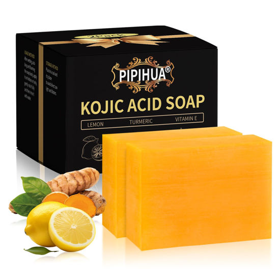 Picture of PIPIHUA Turmeric Kojic Acid Soap for Skin: Lemon Kojic Acid Dark Spot Remover Soap Bars Combines Lemon&Turmeric&Kojic acid&Collagen&Vitamin C&Glutathione(2 Pack)