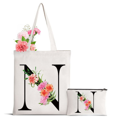 Picture of Sanuurfky Letter Initial Canvas Tote Bag Personalized Present Bag Gift for Bridesmaids Bride Teacher Birthday Wedding