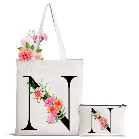 Picture of Sanuurfky Letter Initial Canvas Tote Bag Personalized Present Bag Gift for Bridesmaids Bride Teacher Birthday Wedding