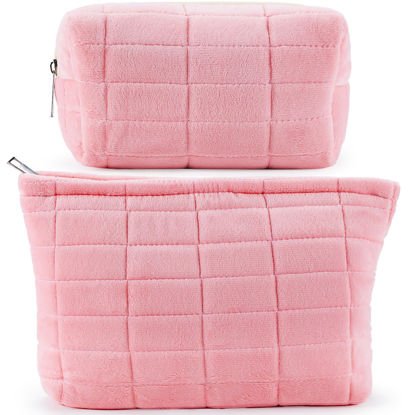 Picture of ZLFSRQ 2Pcs Makeup Bag for Women Trendy Large Capacity Cosmetic Bag Plush Pink Checkered Makeup Pouch for Purse Coquette Zippered Bag Organizer Y2K Aesthetic Accessories Makeup Brush Storage Bag