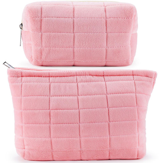Picture of ZLFSRQ 2Pcs Makeup Bag for Women Trendy Large Capacity Cosmetic Bag Plush Pink Checkered Makeup Pouch for Purse Coquette Zippered Bag Organizer Y2K Aesthetic Accessories Makeup Brush Storage Bag